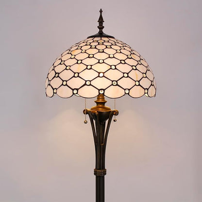 Tiffany Floor Lamp Cream Amber Bead Stained Glass Standing Reading Light 16X16X70 Inches Antique Pole Corner Lamp Decor Bedroom Office Living Room