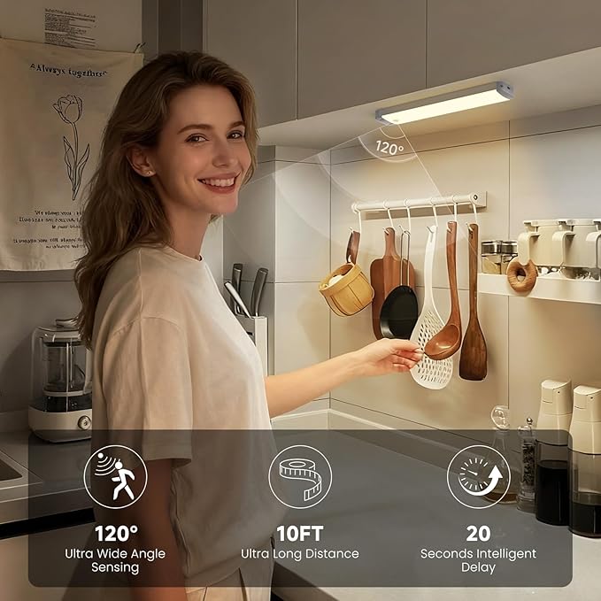 3-Pack Under Cabinet Lights, 8.3" 150LM Motion Sensor LED, USB-C 1500mAh Rechargeable, 3000K Warm White Dimmable for Kitchen Closet