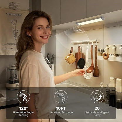 3-Pack Under Cabinet Lights, 8.3" 150LM Motion Sensor LED, USB-C 1500mAh Rechargeable, 3000K Warm White Dimmable for Kitchen Closet