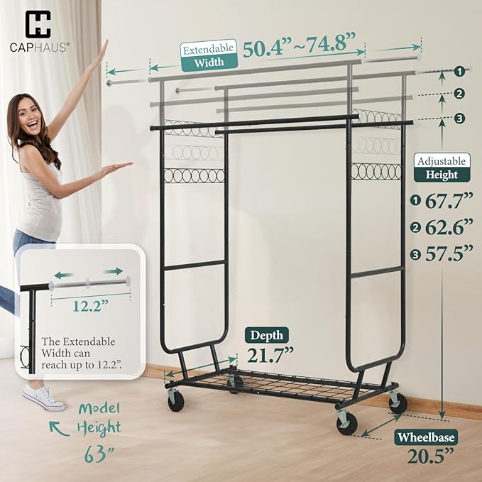 CAPHAUS Heavy Duty Clothes Rack with Double Rods, 660LBS Capacity Rolling Clothing Rack for Hanging Clothes, Adjustable Metal Wardrobe Rack, Garment Rack with Shelf, Wheels, Extendable Rods, Black