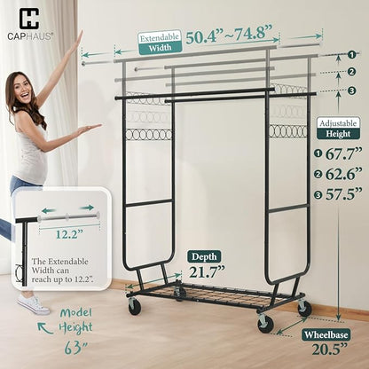 CAPHAUS Heavy Duty Clothes Rack with Double Rods, 660LBS Capacity Rolling Clothing Rack for Hanging Clothes, Adjustable Metal Wardrobe Rack, Garment Rack with Shelf, Wheels, Extendable Rods, Black