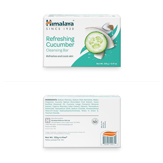 Himalaya Refreshing Cucumber Cleansing Bar, Face and Body Soap for Soft Skin, 4.41 oz, 6 Pack