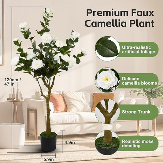 47" Artificial Camellia Tree,2 Pack Fake Flower Plants Artificial Tree with Greenery Leave, Faux Plants with White Flowers for Summer Modern Office Outdoor Outside Decor Front Door
