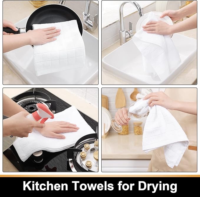 Mordimy 100% Cotton Terry Cloth Kitchen Towels, Super Soft and Absorbent Dish Towels for Drying, Checkered Designed Hand Towels for Kitchen, 16 x 26 Inches, 4 Pack, White