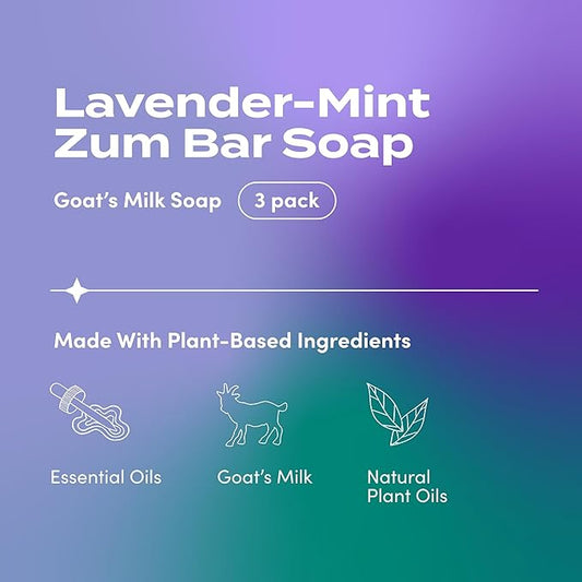 Indigo Wild Zum Goat's Milk Soap Bar - Bar Soap for Hands & Body Made with Essential Oils - 3 oz - Lavender-Mint (3 Pack)