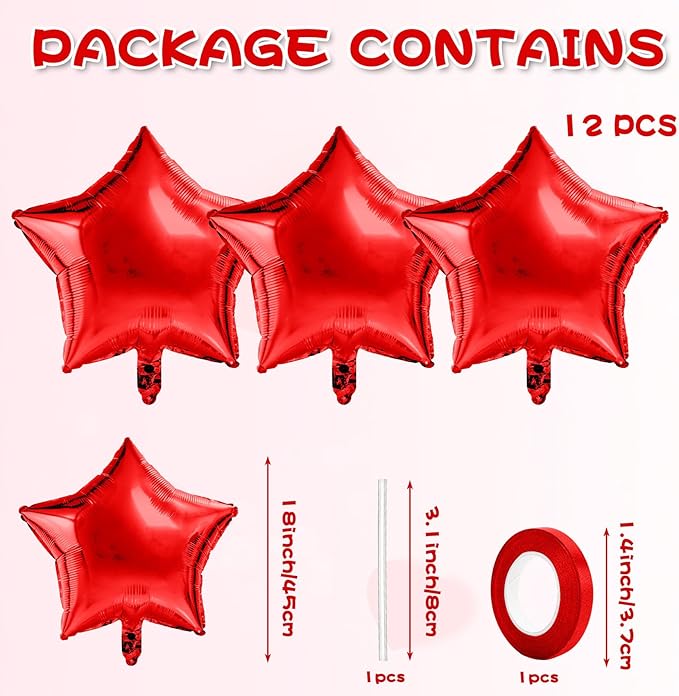 Red Star Balloons Foil Mylar Balloon Set Helium Metallic 12pcs 18 Inch Red Birthday Decorations Room Decor Graduation Decorations 2025 Party Decoration Baby Shower Anniversary Wedding