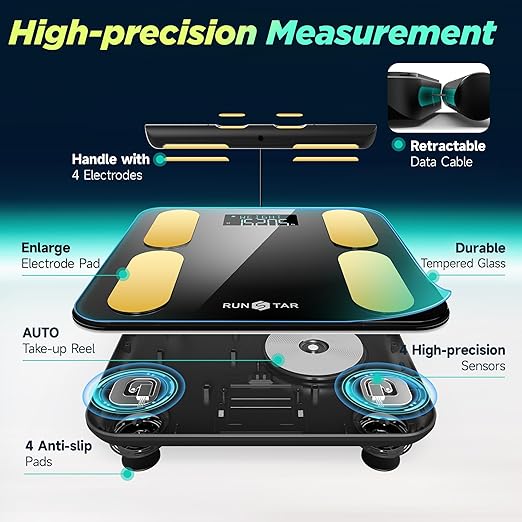 RunStar Scale for Body Weight and Fat, BMI Muscle Mass to 28 Body Composition, FSA&HSA Eligible Digital Bathroom Scales 8-Electrode with Voice Prompt High Accurate Bluetooth Weight Scale, Gold