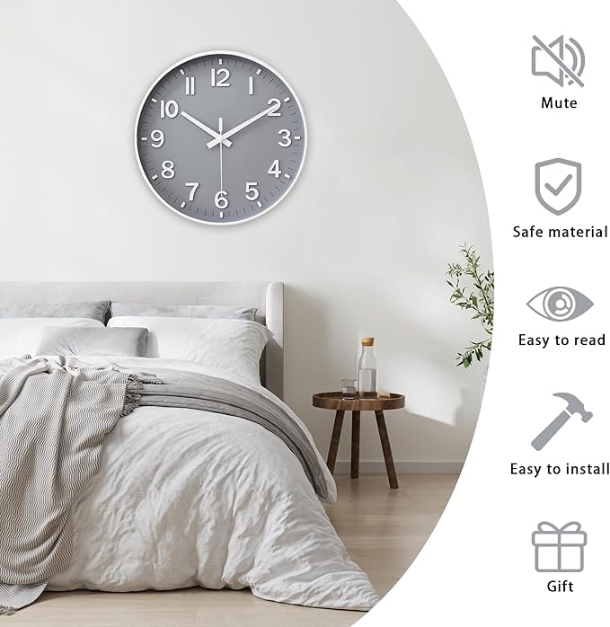 HZDHCLH Wall Clocks Battery Operated,Wall Clock Gray,10 inch Wall Clock Silent Non Ticking Modern 3D Numbers for Kitchen Bedroom Living Room Office Classroom Decor