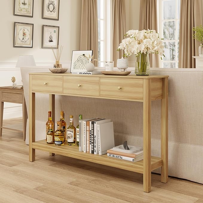 Gizoon 3 Drawer Sofa Table with, Modern Accent Console Table with Open Shelf, for Living Room, Front Hall, Entrance Hall, Study Room, Oak Color