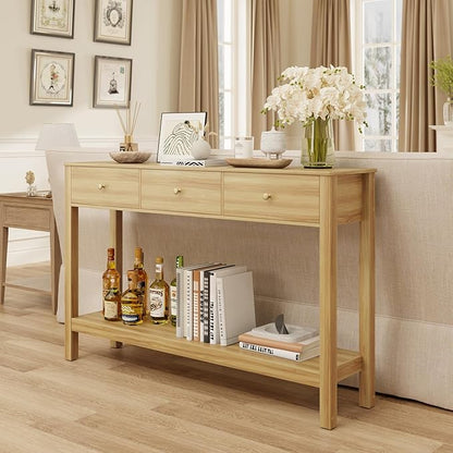Gizoon 3 Drawer Sofa Table with, Modern Accent Console Table with Open Shelf, for Living Room, Front Hall, Entrance Hall, Study Room, Oak Color