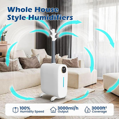 Humidifier Large Room,6.6Gal/25L Whole House Humidifiers for Bedroom Home 3000sq.ft, Commercial and Industrial Humidifiers with 360° Nozzle Tube,Top Fill/Smart Humidity/Timer,Nursery,Plants