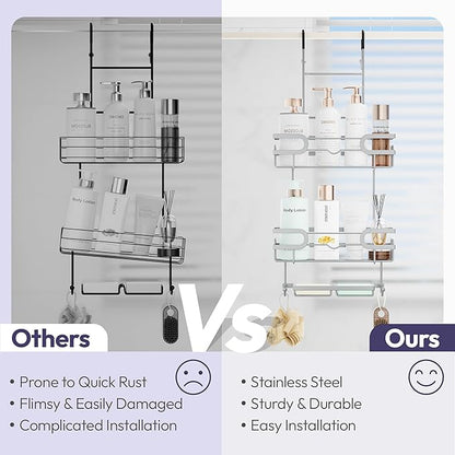 SWTYMIKI Over the Door Shower Caddy Hanging with Double Soap Holder, Hanging Shower Organizer with 16 Hooks, No Drilling Shower Shelves Over Door, Bathroom Rack and Storage, Silver