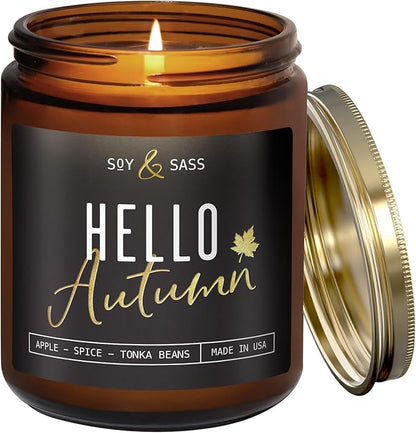 Fall Candles - ‘Hello Autumn’ Soy Fall Candle w/Apple, Cinnamon & Nutmeg I Infused with Essential Oils I Autumn Scented Candles I Cozy Décor Gifts I 9oz Jar I 50Hr Burn I Made in USA