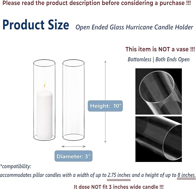 CYS EXCEL 6 PCS (H:10" D:3") Open Ended Glass Hurricane Candleholder Tube Shade Bottomless Candle Chimney Cover