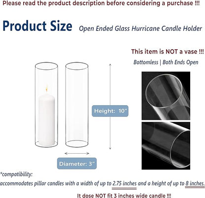 CYS EXCEL 6 PCS (H:10" D:3") Open Ended Glass Hurricane Candleholder Tube Shade Bottomless Candle Chimney Cover