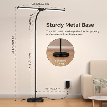 LED Floor Lamp for Living Room, Bright Reading Lamps for Office, Adjustable Colors Temperatures&Brightness, Dual Head Gooseneck Standing Lamp, Remote and Button Control，Eye-Caring Tall Lamp, Black
