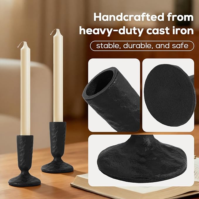 Handcrafted Black Taper Candle Holders Set of 2 Cast Iron Candlesticks for Weddings Dining Table Centerpiece Parties Timeless Vintage Home Decor
