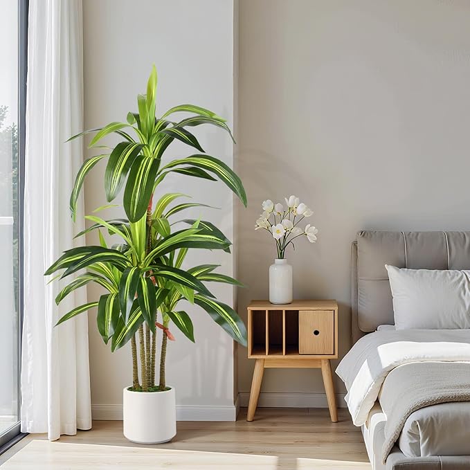 Artificial Dracaena Fake Tree 4FT, White High Pot Artificial Plants Indoor&Outdoor, Fake Plants for Office/Home/Living Room Potted Decoration, 4ft