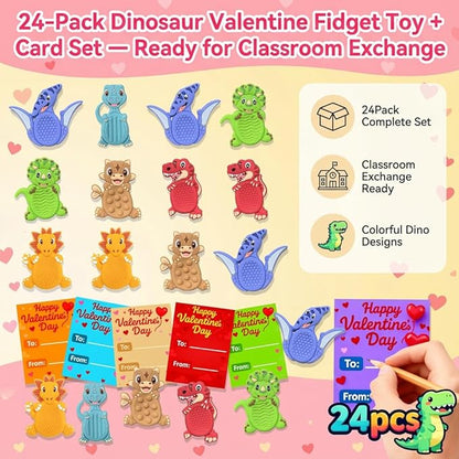 24Pack Valentine's Day Gifts for Kids School Classroom, Valentines Day Cards for Kids School Classroom, Valentine's Day Dinosaur Sensory Stone for Autistic Kid, Valentine Party Favors for Boy Girls