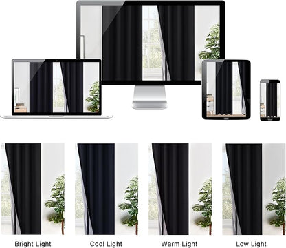 XWZO Full Shading Blackout Curtains 72 Inches Length - Heat and Light Blocking Ring Top Window Drapes with Black Liner Backing for Bedroom Sewn with Tiebacks, Black, W52 x L72, Set of 2