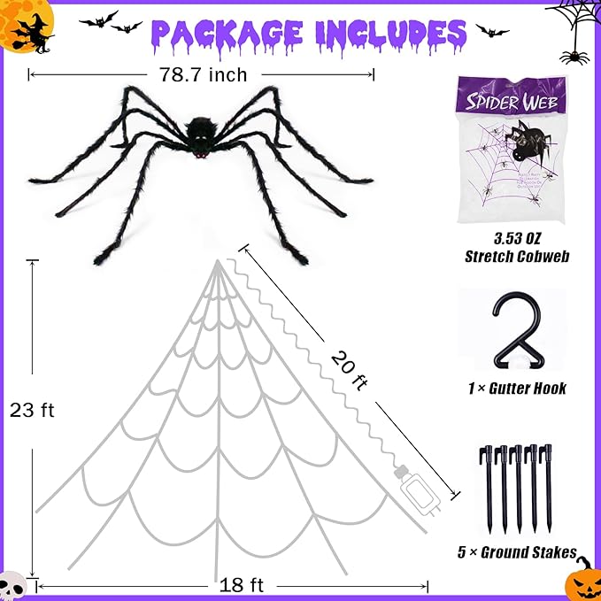 inst Spider Webs Halloween Decorations Outdoor 290LED Halloween Spider Web Lights Decoration with 78.7'' Large Spider & 3.53oz Stretch Cobweb 23Ft Giant Lighted Web with 8 Modes (Orange)
