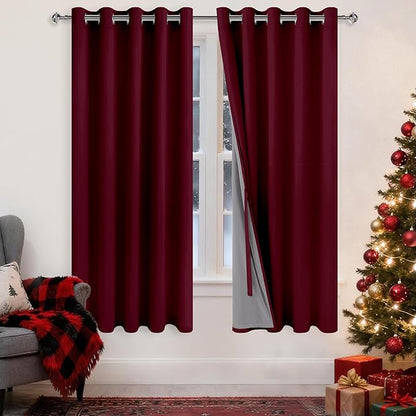 XWZO 100% Blackout Curtains with Tiebacks- Heat and Full Light Blocking Window Panels with Grommets & Thermal Insulated Draperies for Living Room Wide Window, Burgundy, W60 x L63, Set of 2
