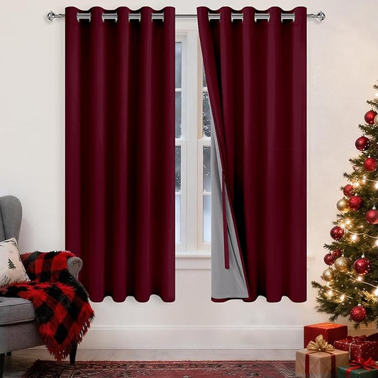 XWZO 100% Blackout Curtains with Tiebacks- Heat and Full Light Blocking Window Panels with Grommets & Thermal Insulated Draperies for Living Room Wide Window, Burgundy, W60 x L63, Set of 2