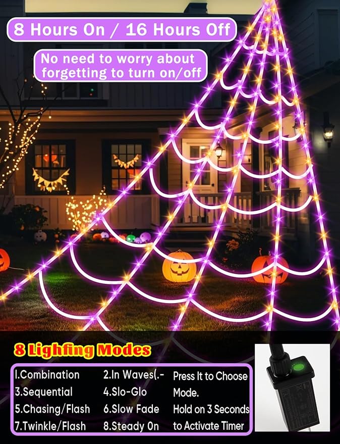 Giant Spider Webs Halloween Decorations - Outdoor Halloween Decor Lights with 250 LEDs,16.4FT Net,4Ft Spider, 8 Modes,Waterproof & Timer for Yard Porch Garden,Outside Costumes Party (Without Spider)