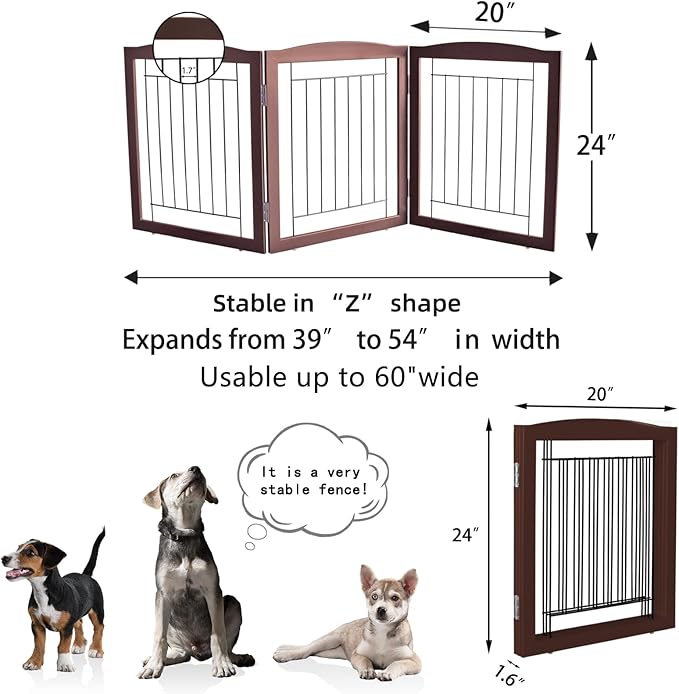 ZJSF Freestanding Foldable Dog Gate for House Extra Wide Wooden Brown Puppy Gate Stairs Dog Gates Doorways Tall Pet Gate 24 "Height 3 Panels Pet Fence