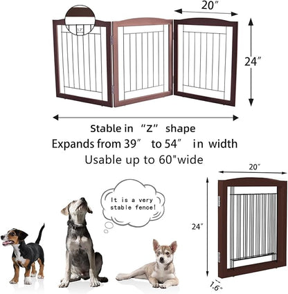 ZJSF Freestanding Foldable Dog Gate for House Extra Wide Wooden Brown Puppy Gate Stairs Dog Gates Doorways Tall Pet Gate 24 "Height 3 Panels Pet Fence