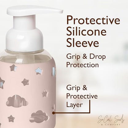 SoCal Suds & Company Glass Foaming Hand Soap Dispenser, Soft Grip Silicone Sleeve, Refillable Pump Bottle for Kids, Baby Wash & Shampoo, Ideal for Home Use, Light Pink 8oz