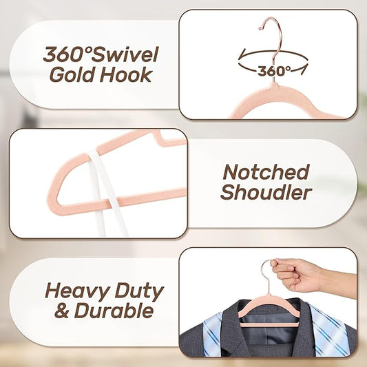 Velvet Hangers 30 Pack with Rose Gold Hooks, Non-Slip, Space Saving & Heavy Duty Slim Flocked Hangers for Clothes, Dresses, Suits, Coats & Pants(Pink)