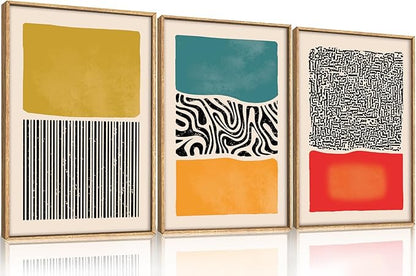HLNIUC Large Mid Century Modern Wall Art Framed 16x24, Boho Abstract 3 Piece Canvas Decor, Mcm Vintage Bohemian Color Block Painting, Geometric Line Art Print for Living Room, Bedroom, Office