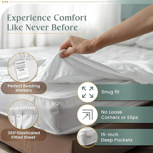 100% Egyptian Cotton Twin Sheets Set, 800TC Sateen Weave 3 PC Twin Bed Sheets, Fully Elasticated Sheet & Pillowcase Sets, Soft & Comfy No lint Machine Washable Grey Sheet, Fade Resistant- Lavender