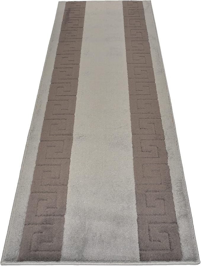 Washable Custom Size Runner Rug Meander Design Grey and Black, (7 Feet Length x 26 Inch Width) Custom Cut Slip Resistant Rubber Backing Runner Rugs, Extra Long Runner Rugs for Hallways
