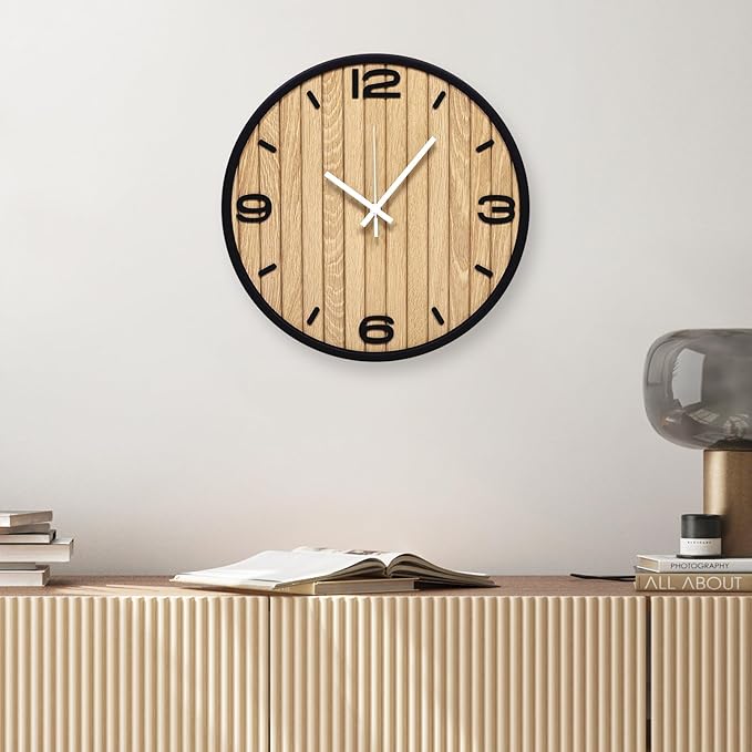 8 Inch Round Wall Clock Battery Operated Wooden, Non-Ticking Quartz Decorative Analog Clocks for Apartment, Living Room, Bedroom, Hallway, Classroom - Easy to Install & Read
