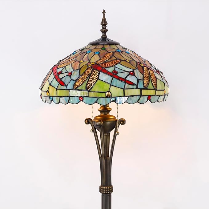 Tiffany Floor Lamp Green Red Stained Glass Dragonfly Standing Reading Light 16X16X70 Inches Antique Pole Corner Lamp Decor Bedroom Office Living Room