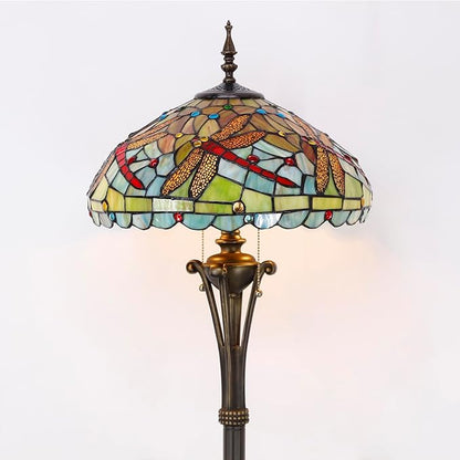 Tiffany Floor Lamp Green Red Stained Glass Dragonfly Standing Reading Light 16X16X70 Inches Antique Pole Corner Lamp Decor Bedroom Office Living Room
