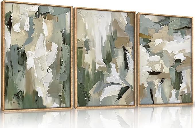 Large Abstract Green Beige Framed Canvas Wall Art Set,Neutral Brush Stroke Watercolor Wall Painting,Modern Minimalist Artwork for Living Room,Bedroom,Dining Room,Office -24"x36"x3
