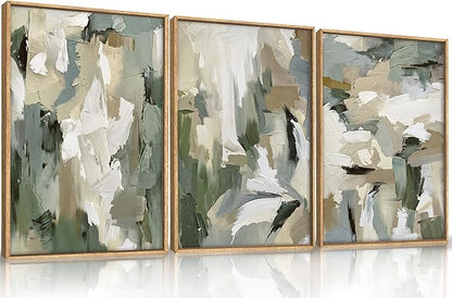 Large Abstract Green Beige Framed Canvas Wall Art Set,Neutral Brush Stroke Watercolor Wall Painting,Modern Minimalist Artwork for Living Room,Bedroom,Dining Room,Office -24"x36"x3