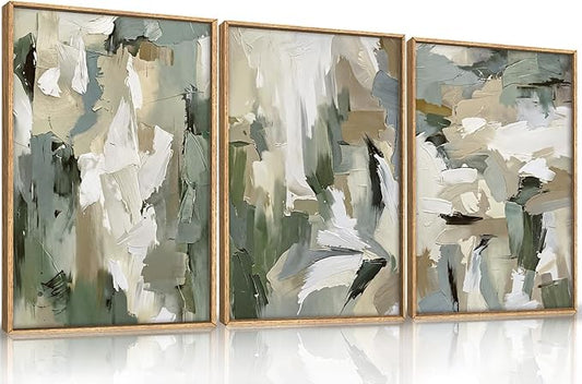 Large Abstract Green Beige Framed Canvas Wall Art Set,Neutral Brush Stroke Watercolor Wall Painting,Modern Minimalist Artwork for Living Room,Bedroom,Dining Room,Office -24"x36"x3