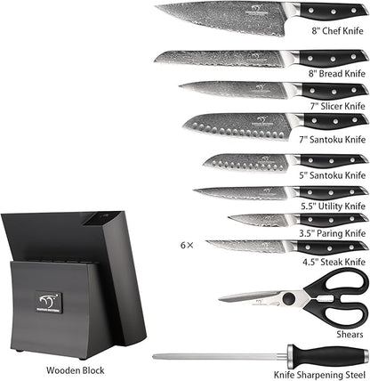 Damascus Knife Set with Block for Kitchen, VG10 Steel Chef Knife Set with Triple-Rivet Handles, Knife Sharpener, Natural Ash Wooden Knife Block, 10PCS