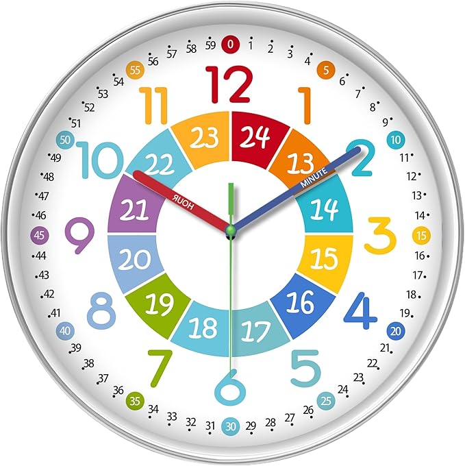 XFM Colorful Kids Analog Wall Clocks 12 inch Silent Non Ticking Battery Operated Learning Clock Modern Teaching Wall Clock for Nursery Kids Room Classroom Decor