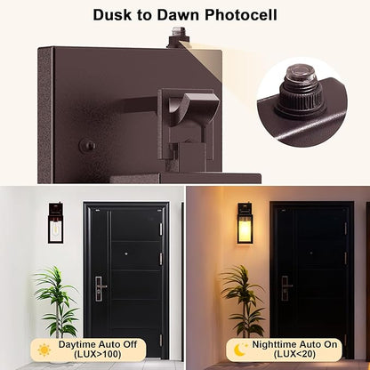 2-Pack Dusk to Dawn Porch Light, Farmhouse Brown Outdoor Lights Wall Mount, Waterproof Anti-Rust Wall Sconces for House, Yard, Entryway, Garage, 100-120Vac