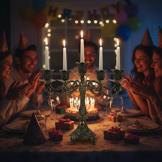 5-Candle Candelabra Metal Candlestick Holder Decoration for Weddings, Churches, Halloween, Christmas, Birthday Party (A-Bronze)
