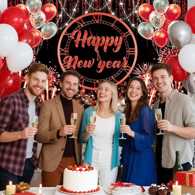 MEHOFOND Happy New Year Backdrop 2026 New Year Party Decorations Banner Red Sliver Black Happy New Year's Eve Banner White and red Balloons Glitter New Years Backdrop 6x3.6ft