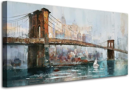 Acocifi New York Brooklyn Bridge Wall Art for Living Room Abstract Cityscape Skyline Picture Large Canvas Painting Textured Artwork Framed for Bedroom Office Bathroom Home Decor 40"x20"