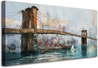 Acocifi Brooklyn Bridge Canvas Wall Art for Living Room New York Skyline Painting Abstract Cityscape Picture, Textured Artwork Framed for Bedroom Men Office Home Decor Large Size 58"x29"