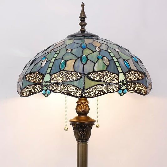 Tiffany Floor Lamp Sea Blue Stained Glass Dragonfly Style 16X16X70 Inch Antique Standing Reading Light