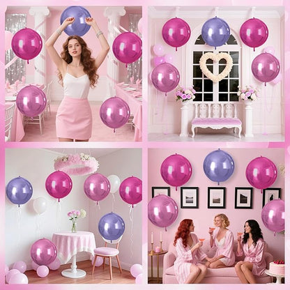 Pink Purple Round Foil Balloons 9 pcs,Metallic Giant 4D Round Balloons 22 Inch for Birthday Baby Shower Wedding Princess Party Decorations